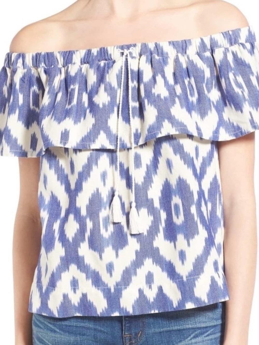 Madewell Blue & White Off-Shoulder Ikat Balcony Blouse Coastal Beach Summer Top - Picture 12 of 12